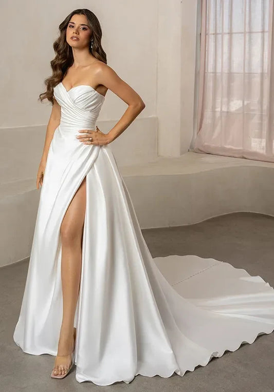 Elegant A-Line Sweetheart Sleeveless Ruched Slit White Long Wedding Dresses Women Gown