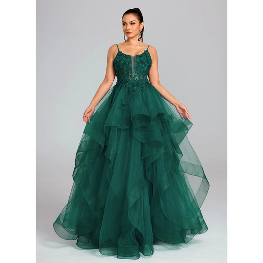 Elegant A-Line Sweetheart Sleeveless Ruffled Embroidered Emerald Green Floor-Length Prom Dress