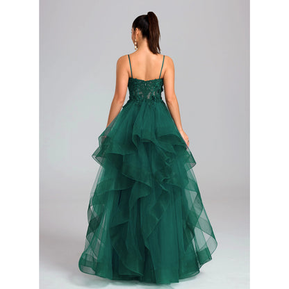Elegant A-Line Sweetheart Sleeveless Ruffled Embroidered Emerald Green Floor-Length Prom Dress