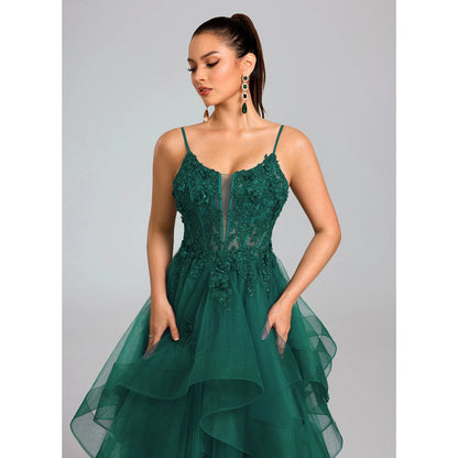 Elegant A-Line Sweetheart Sleeveless Ruffled Embroidered Emerald Green Floor-Length Prom Dress