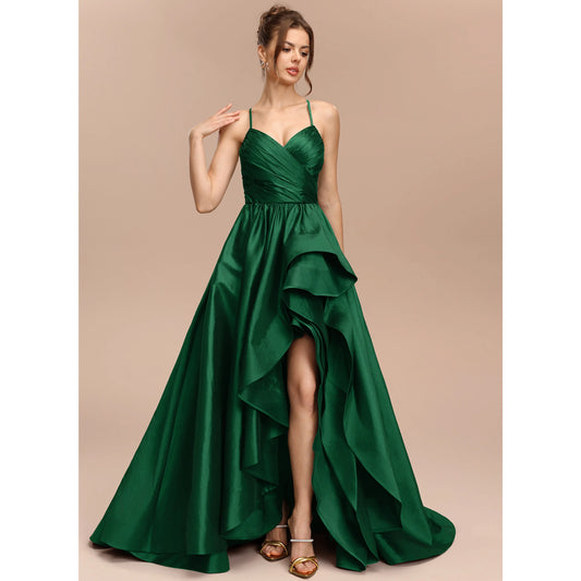 Elegant A-Line Sweetheart Sleeveless Ruffled High-Low Emerald Green Women's Prom Gown