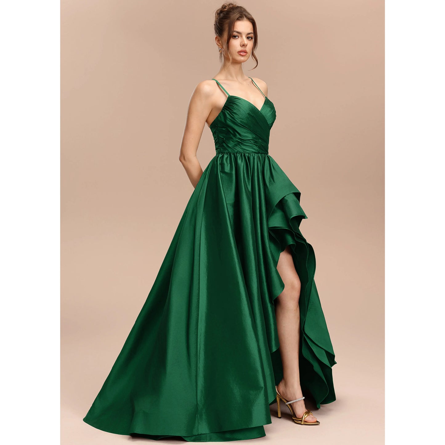 Elegant A-Line Sweetheart Sleeveless Ruffled High-Low Emerald Green Women's Prom Gown