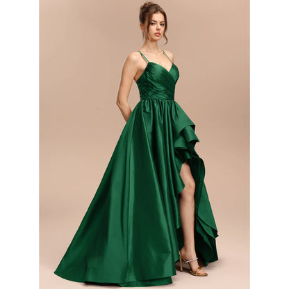 Elegant A-Line Sweetheart Sleeveless Ruffled High-Low Emerald Green Women's Prom Gown