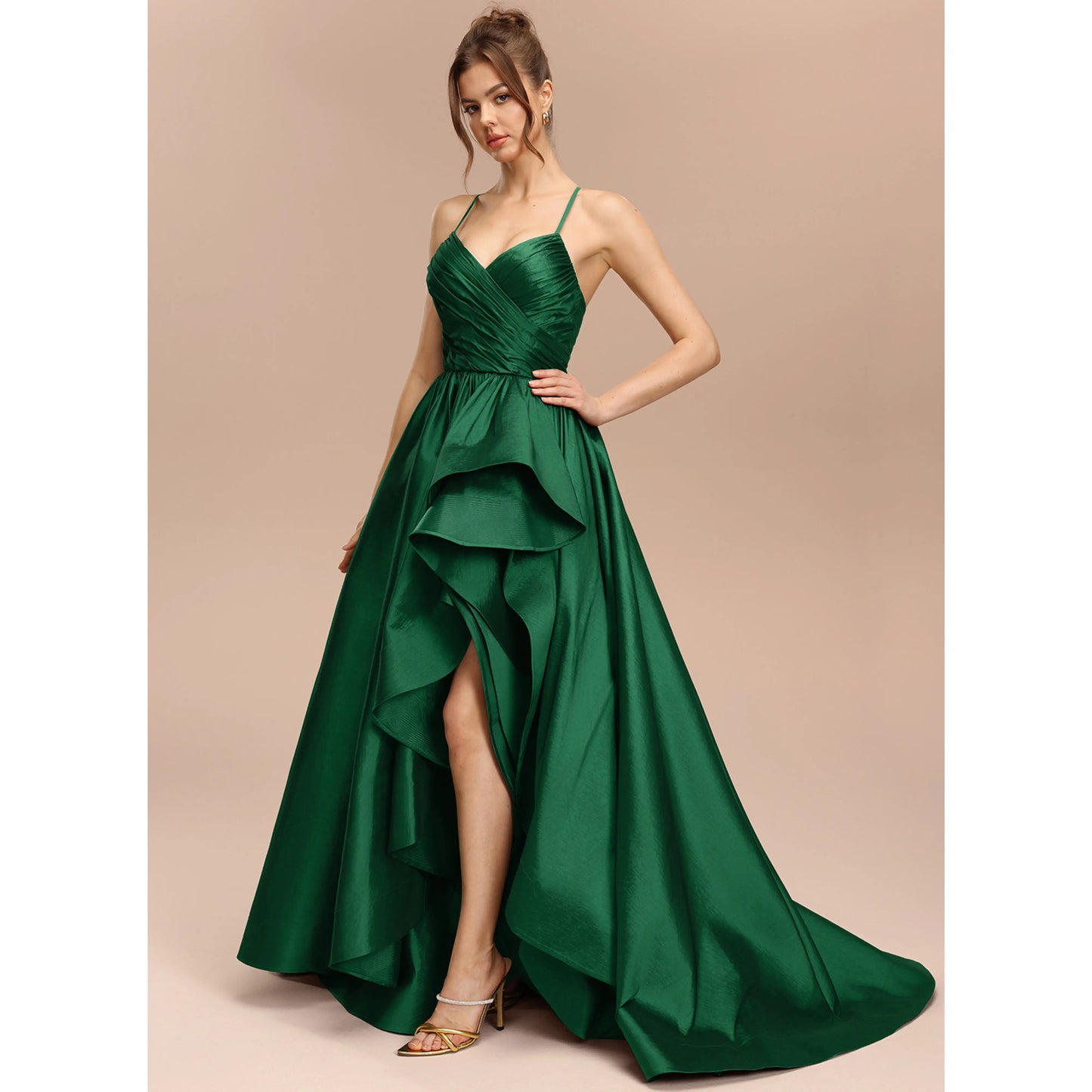 Elegant A-Line Sweetheart Sleeveless Ruffled High-Low Emerald Green Women's Prom Gown