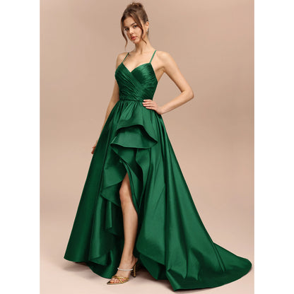 Elegant A-Line Sweetheart Sleeveless Ruffled High-Low Emerald Green Women's Prom Gown