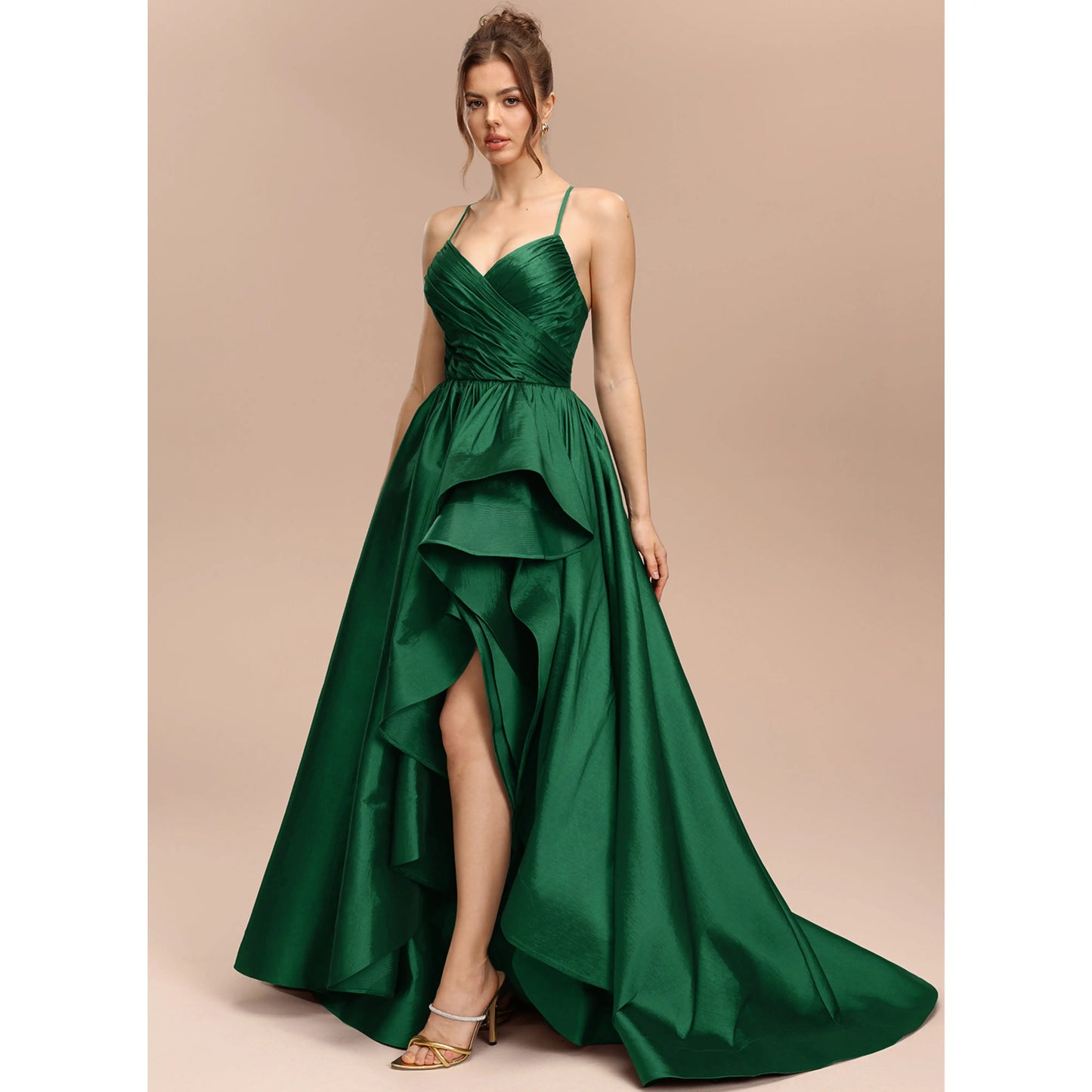 Elegant A-Line Sweetheart Sleeveless Ruffled High-Low Emerald Green Women's Prom Gown