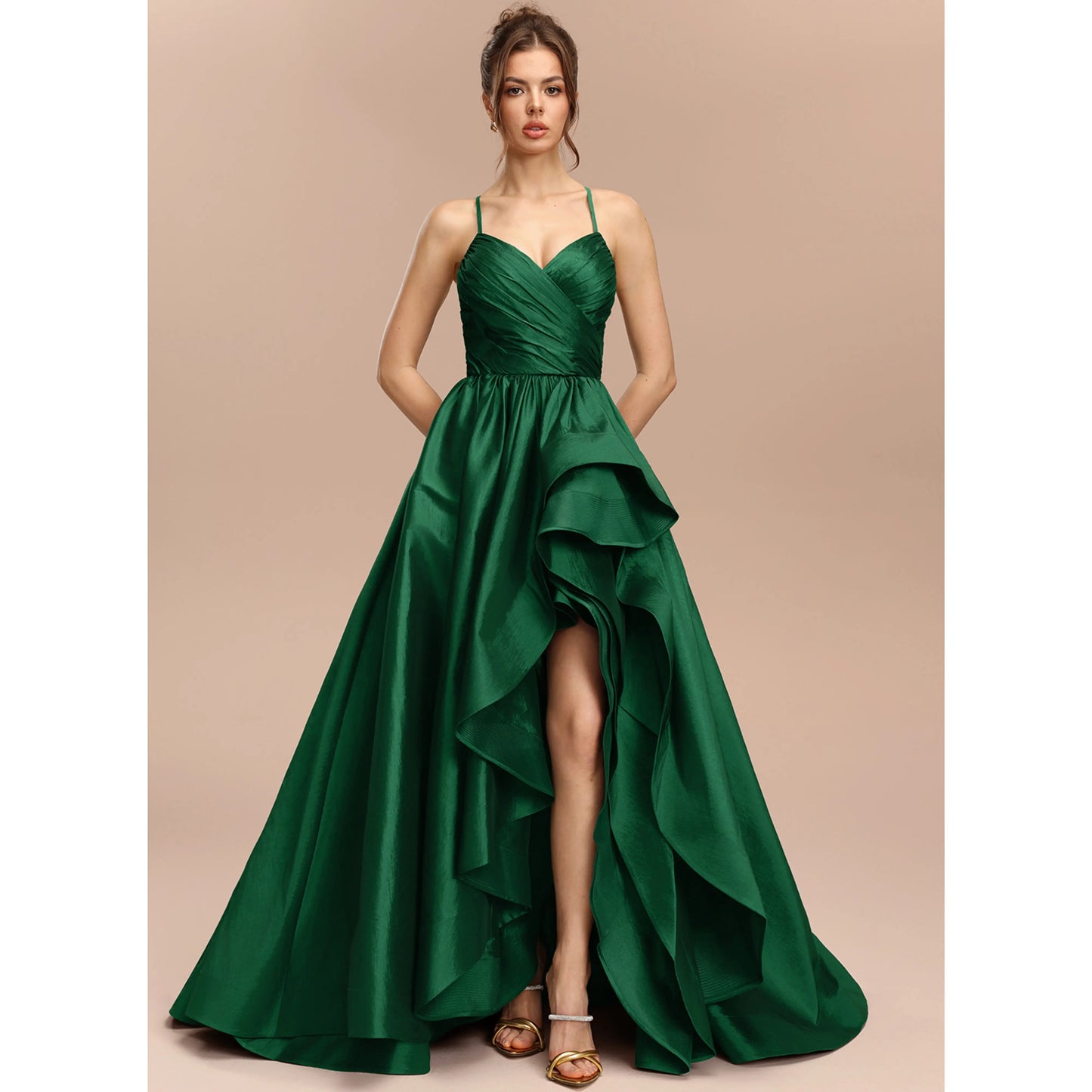 Elegant A-Line Sweetheart Sleeveless Ruffled High-Low Emerald Green Women's Prom Gown