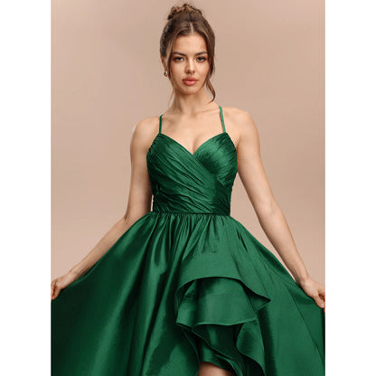 Elegant A-Line Sweetheart Sleeveless Ruffled High-Low Emerald Green Women's Prom Gown