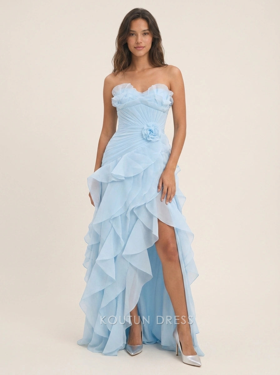 Elegant A-Line Sweetheart Sleeveless Ruffled High Slit Sky Blue Floor-Length Prom Dress