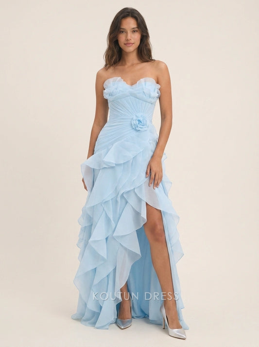 Elegant A-Line Sweetheart Sleeveless Ruffled High Slit Sky Blue Floor-Length Prom Dress