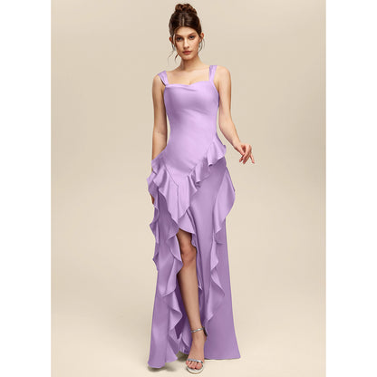 Elegant A-Line Sweetheart Sleeveless Ruffled Slit Lavender Floor-Length Bridesmaid Gown