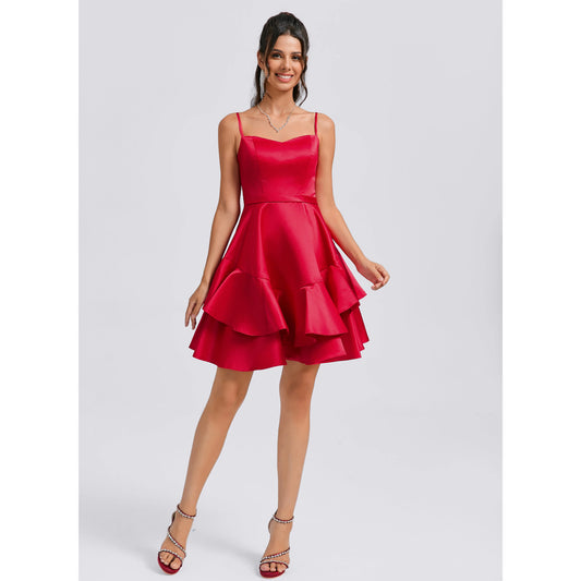 Elegant A-Line Sweetheart Sleeveless Ruffled Tiered Red Short Homecoming Dresses Women's