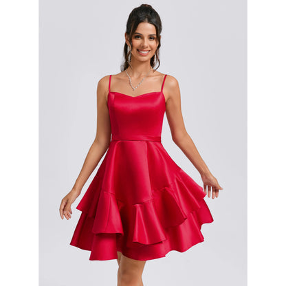 Elegant A-Line Sweetheart Sleeveless Ruffled Tiered Red Short Homecoming Dresses Women's