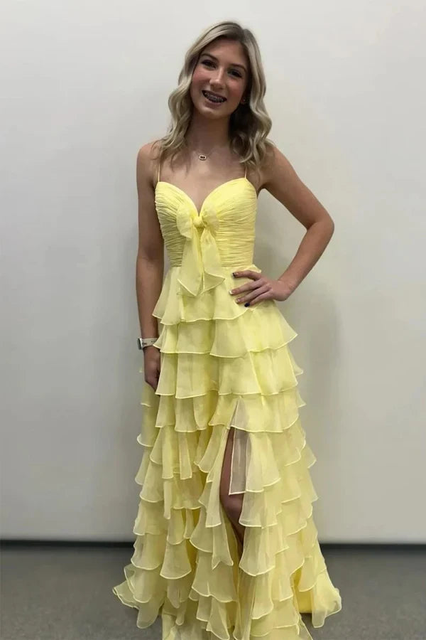 Elegant A-Line Sweetheart Sleeveless Ruffled Tiered Yellow Floor-Length Prom Gown