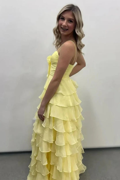 Elegant A-Line Sweetheart Sleeveless Ruffled Tiered Yellow Floor-Length Prom Gown
