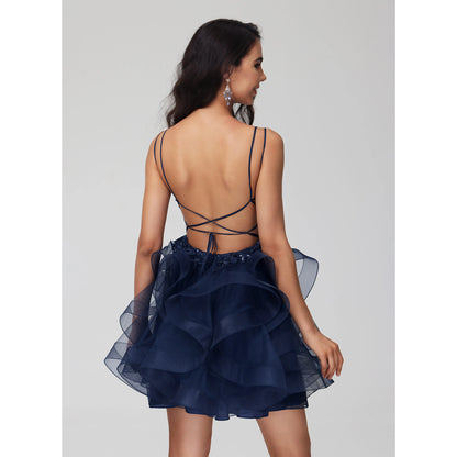 Elegant A-Line Sweetheart Sleeveless Sequin Ruffled Navy Short Homecoming Dress