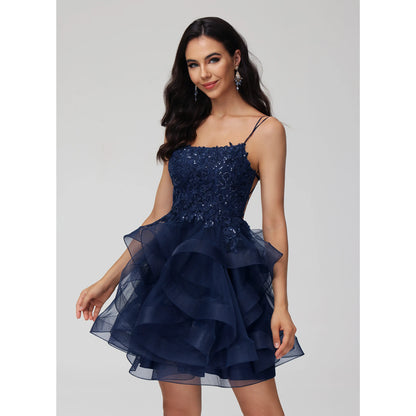Elegant A-Line Sweetheart Sleeveless Sequin Ruffled Navy Short Homecoming Dress