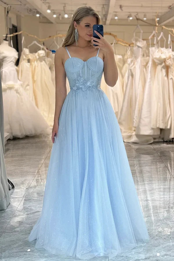 Elegant A-Line Sweetheart Sleeveless Sparkly Light Blue Floor-Length Prom Dress Gown