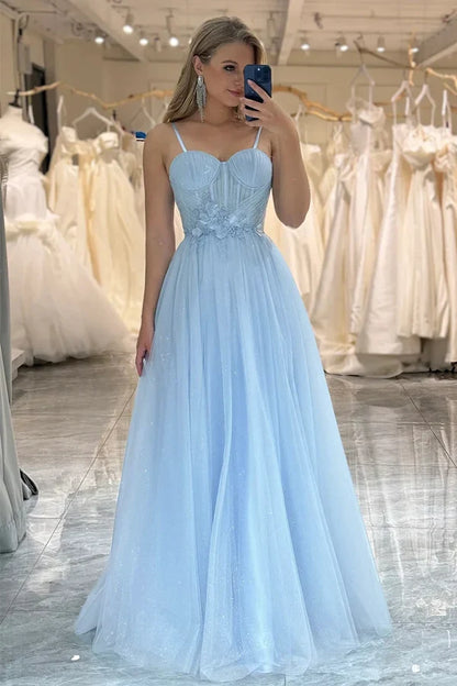 Elegant A-Line Sweetheart Sleeveless Sparkly Light Blue Floor-Length Prom Dress Gown