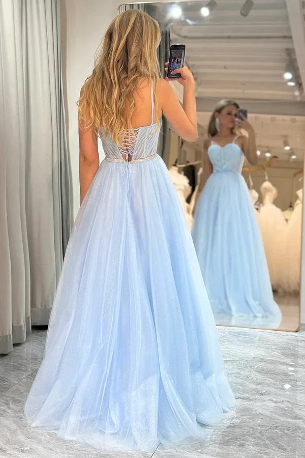 Elegant A-Line Sweetheart Sleeveless Sparkly Light Blue Floor-Length Prom Dress Gown