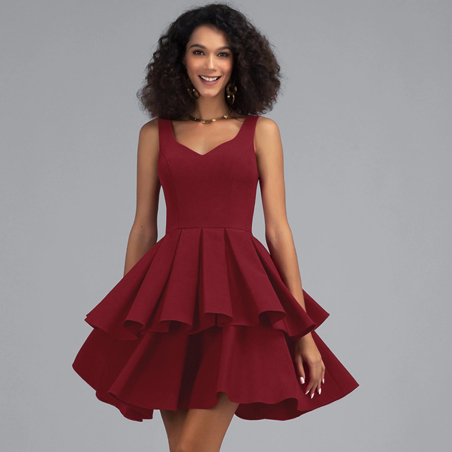 Elegant A-Line Sweetheart Sleeveless Tiered Burgundy Short Homecoming Dress