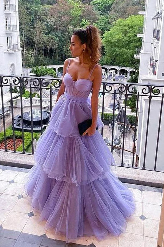 Elegant A-Line Sweetheart Sleeveless Tiered Lavender Floor-Length Prom Dress Women's Gown