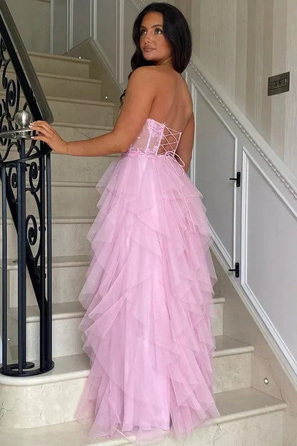 Elegant A-Line Sweetheart Sleeveless Tiered Ruffle Black Long Prom Dress Gown