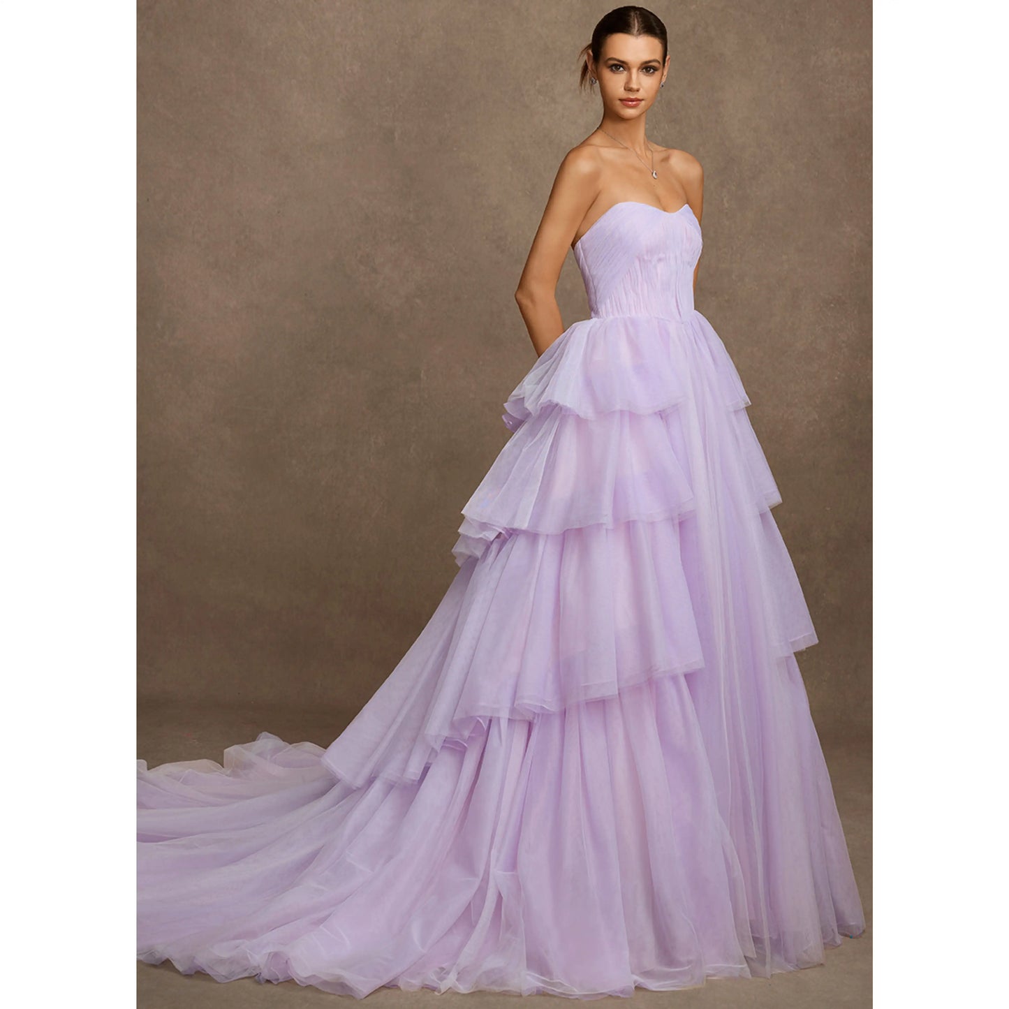 Elegant A-Line Sweetheart Sleeveless Tiered Ruffle Lavender Floor-Length Wedding Gown
