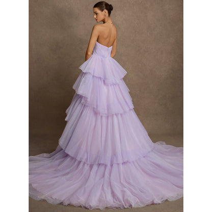 Elegant A-Line Sweetheart Sleeveless Tiered Ruffle Lavender Floor-Length Wedding Gown
