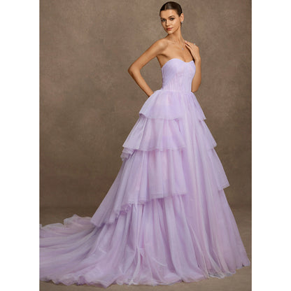 Elegant A-Line Sweetheart Sleeveless Tiered Ruffle Lavender Floor-Length Wedding Gown