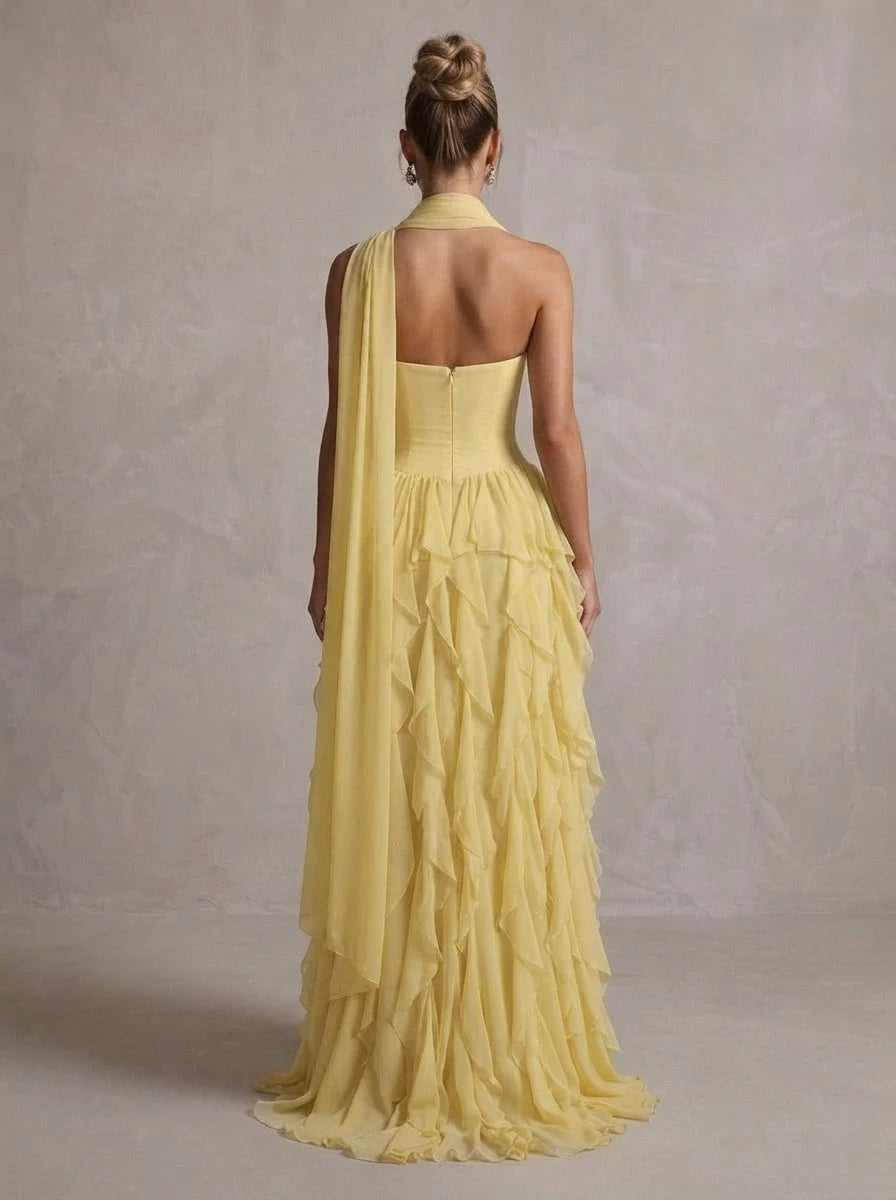 Elegant A-Line Sweetheart Sleeveless Tiered Ruffle Yellow Long Prom Dresses Women