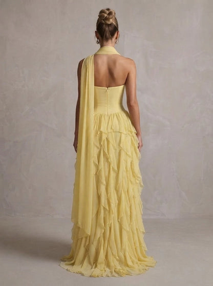 Elegant A-Line Sweetheart Sleeveless Tiered Ruffle Yellow Long Prom Dresses Women