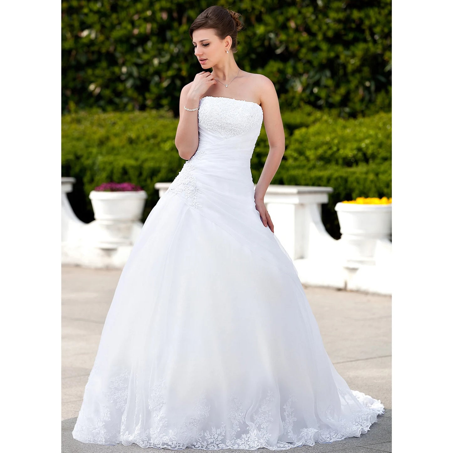 Elegant A-Line Sweetheart Strapless Beaded Lace White Floor-Length Wedding Dresses Gown