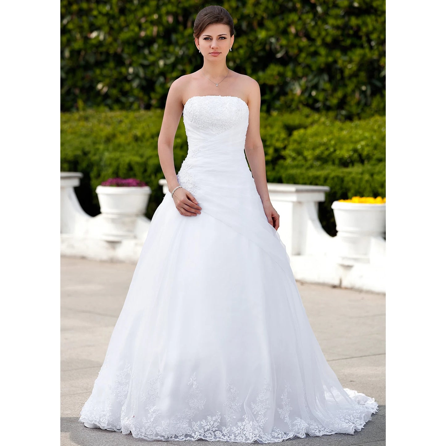 Elegant A-Line Sweetheart Strapless Beaded Lace White Floor-Length Wedding Dresses Gown