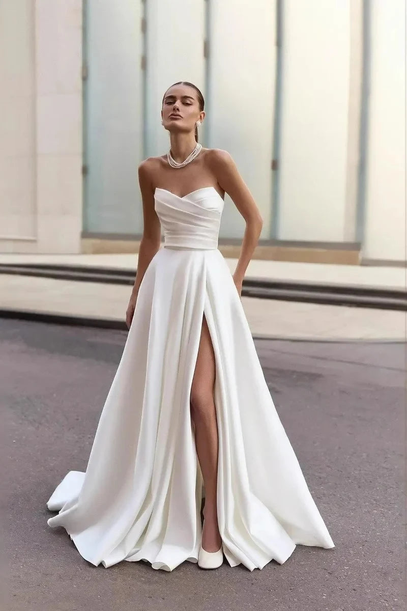 Elegant A-Line Sweetheart Strapless Draped High Slit White Floor-Length Wedding Gown
