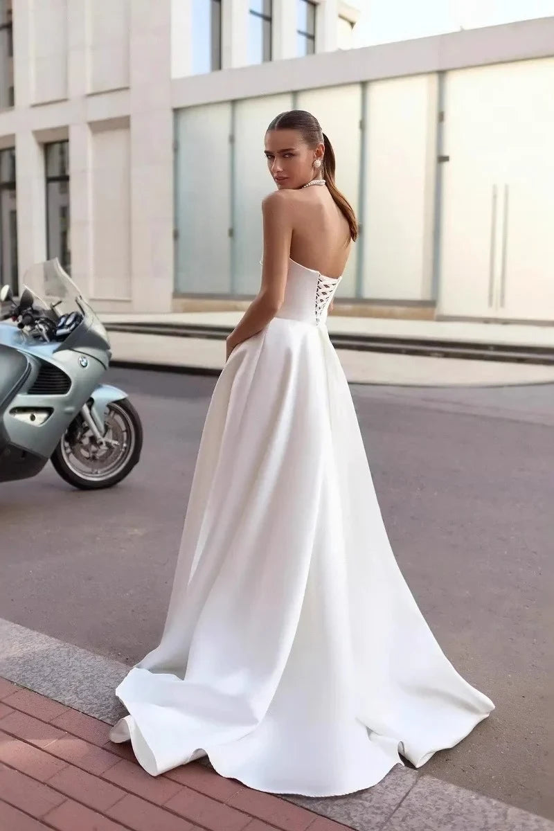 Elegant A-Line Sweetheart Strapless Draped High Slit White Floor-Length Wedding Gown