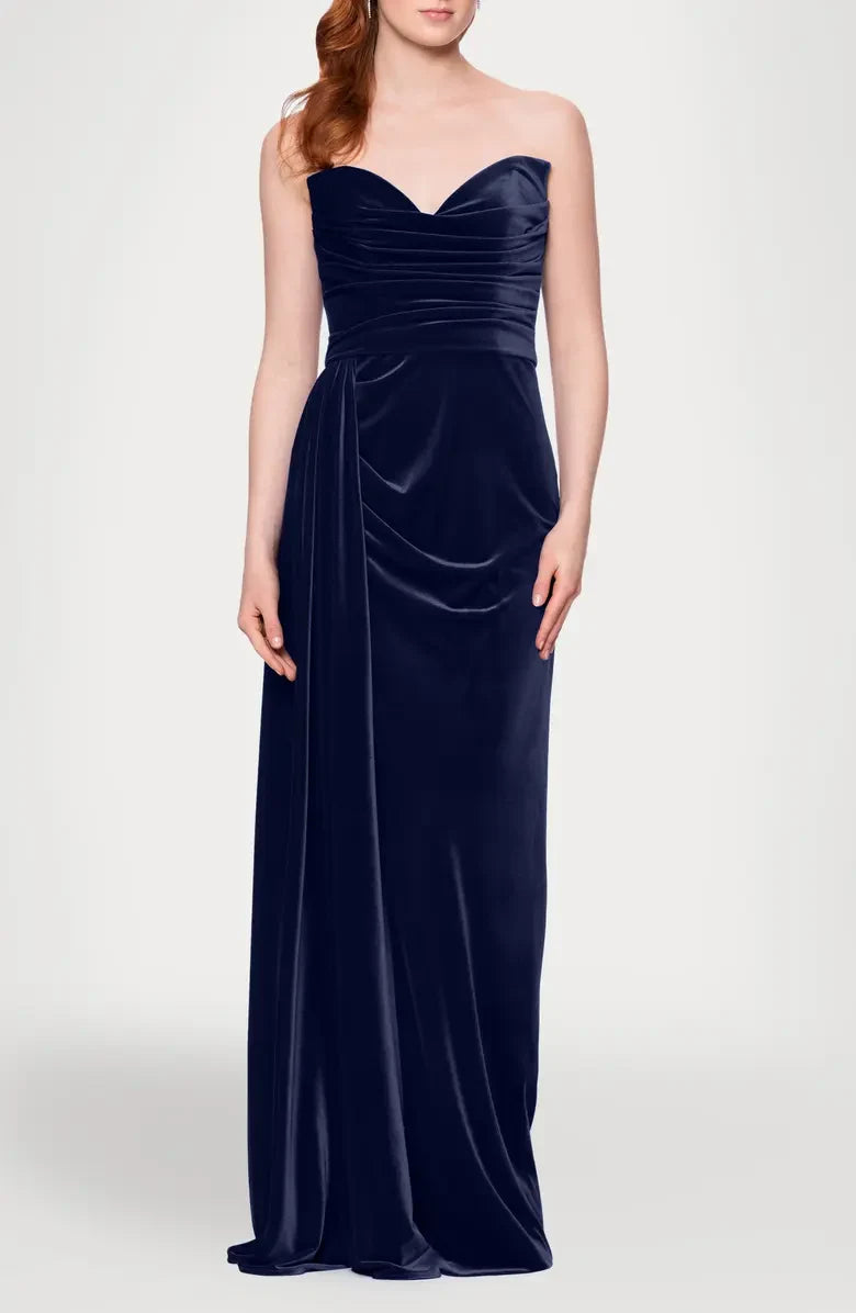 Elegant A-Line Sweetheart Strapless Draped Navy Floor-Length Mother of the Bride Gown
