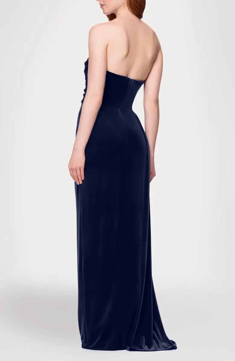 Elegant A-Line Sweetheart Strapless Draped Navy Floor-Length Mother of the Bride Gown