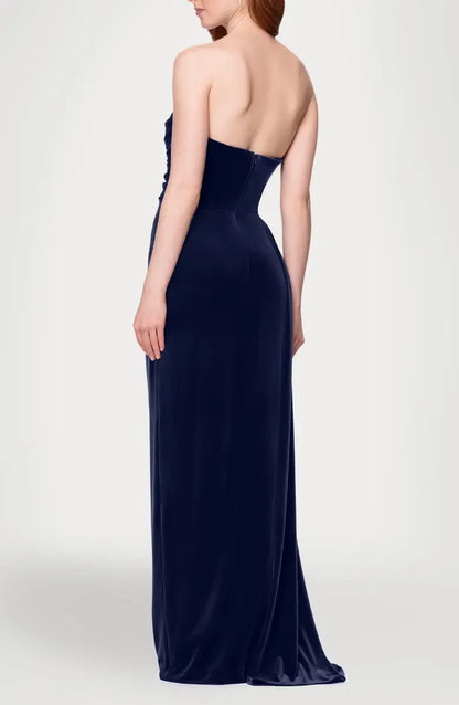 Elegant A-Line Sweetheart Strapless Draped Navy Floor-Length Mother of the Bride Gown