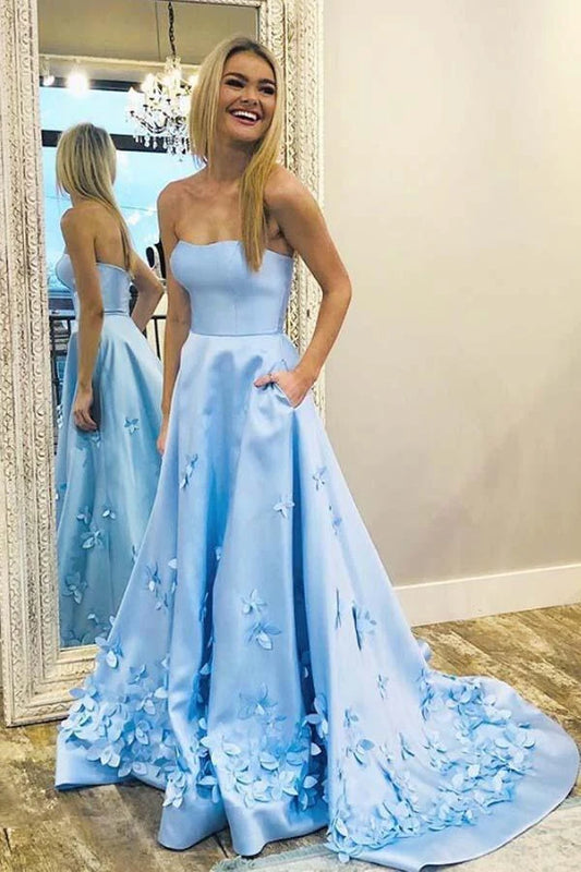 Elegant A-Line Sweetheart Strapless Floral Pockets Sky Blue Long Prom Gown
