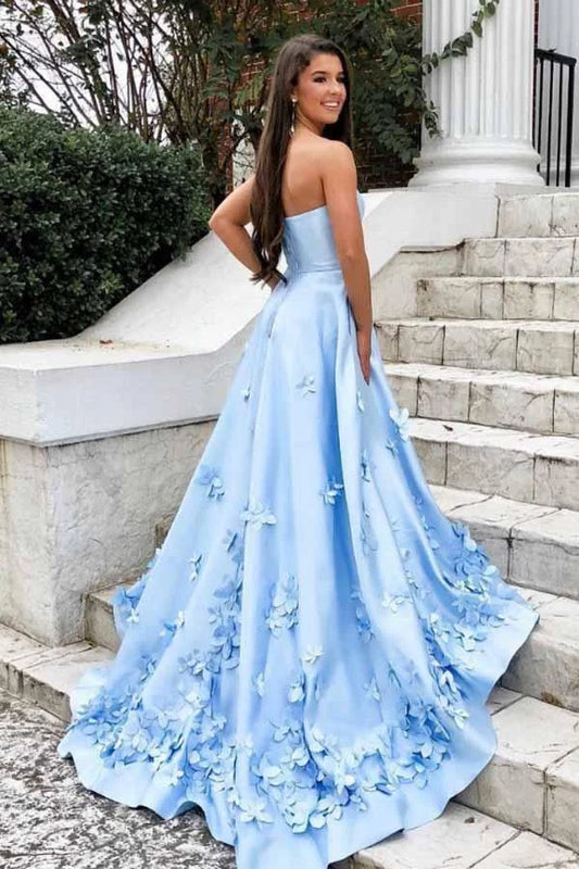 Elegant A-Line Sweetheart Strapless Floral Pockets Sky Blue Long Prom Gown