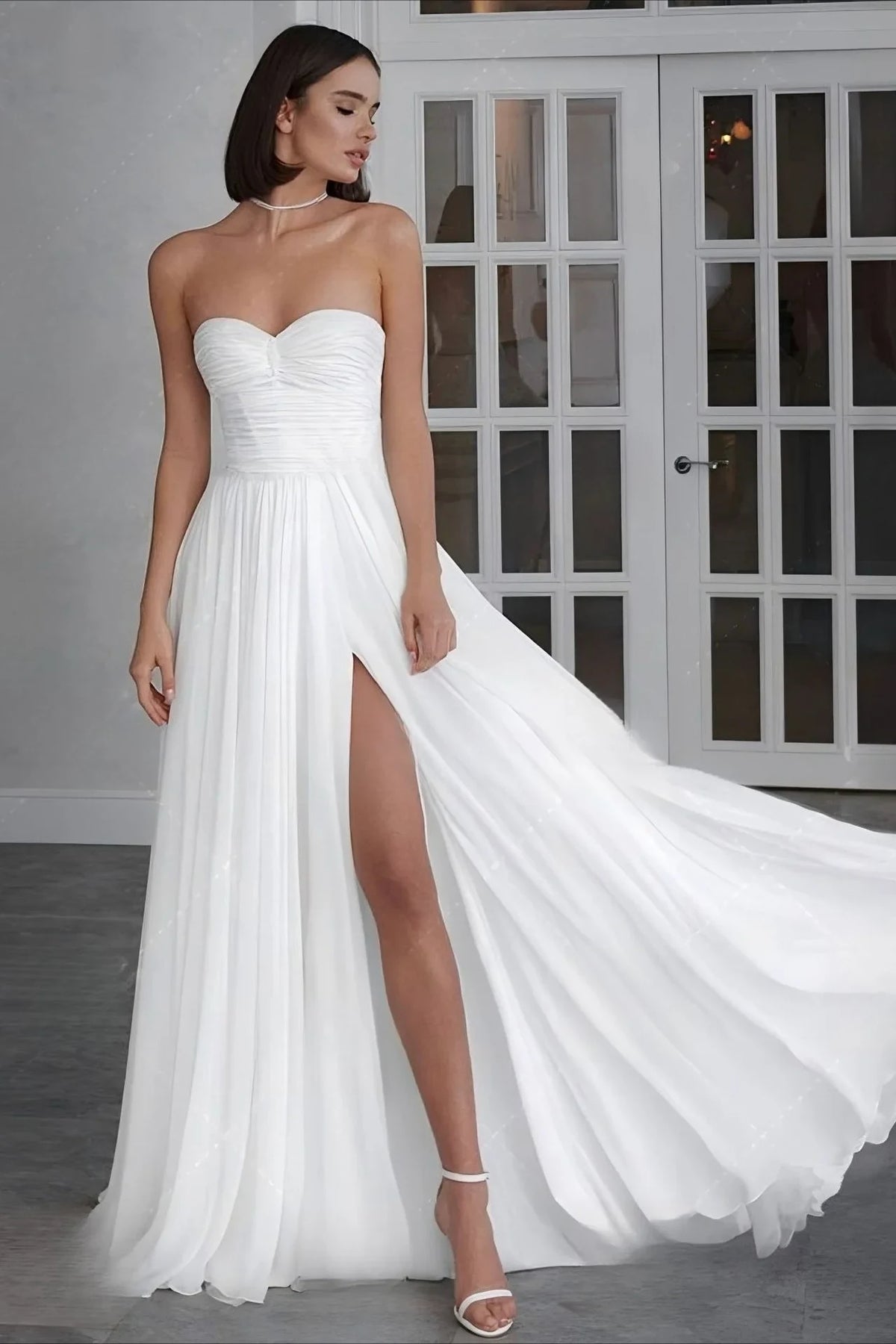 Elegant A-Line Sweetheart Strapless Flowy Slit White Floor-Length Bridal Wedding Dresses Gown