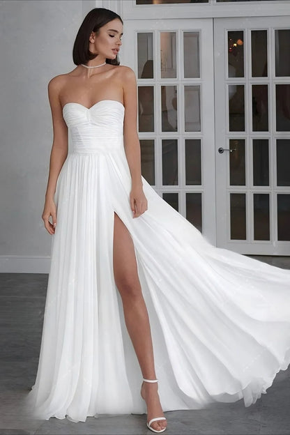 Elegant A-Line Sweetheart Strapless Flowy Slit White Floor-Length Bridal Wedding Dresses Gown