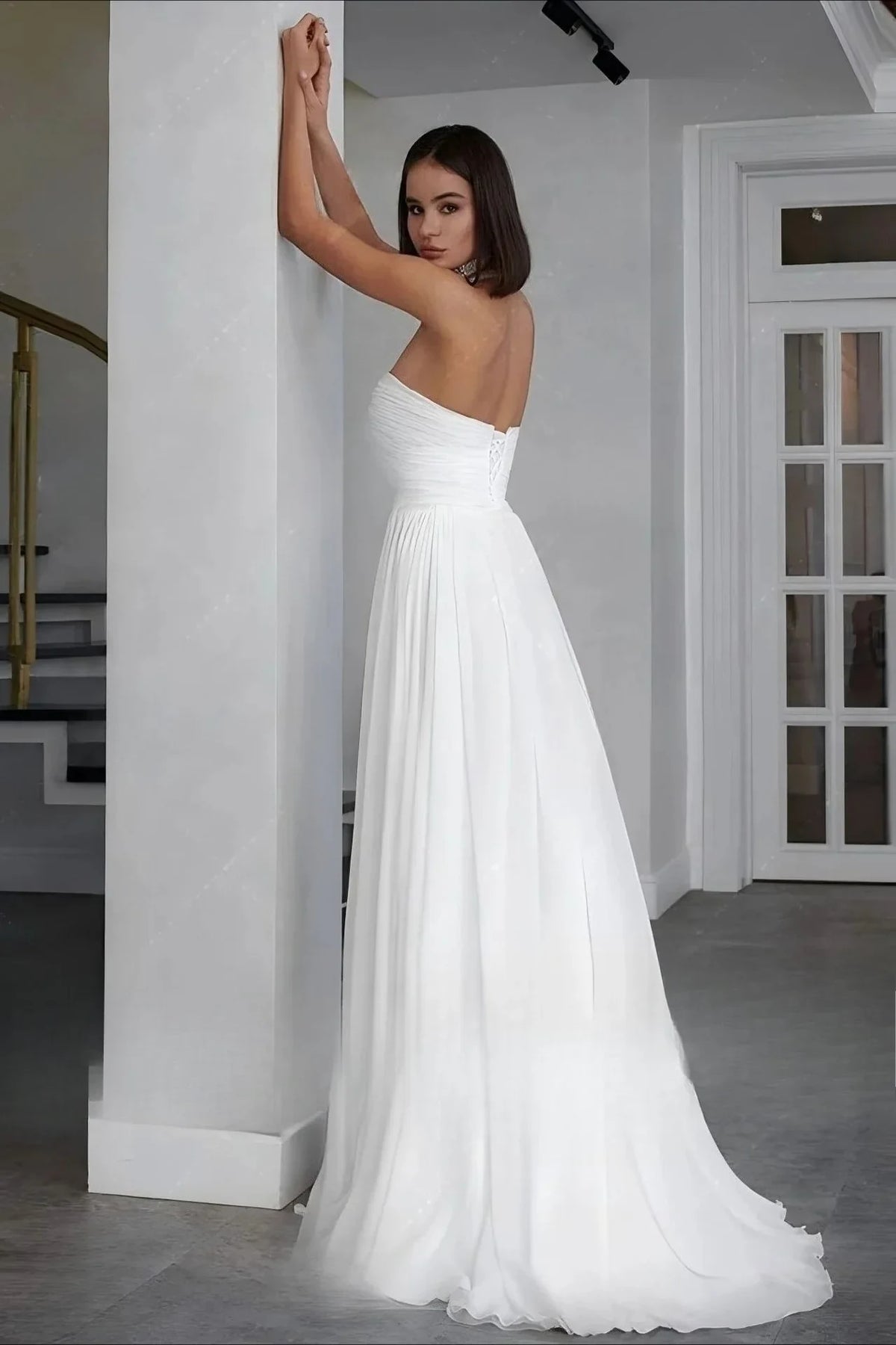Elegant A-Line Sweetheart Strapless Flowy Slit White Floor-Length Bridal Wedding Dresses Gown
