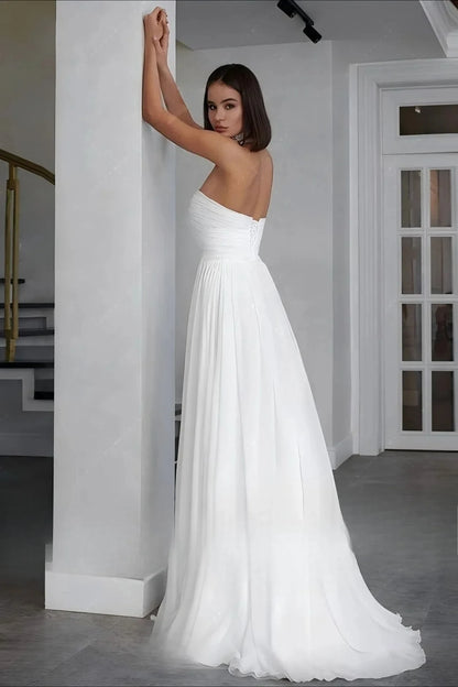 Elegant A-Line Sweetheart Strapless Flowy Slit White Floor-Length Bridal Wedding Dresses Gown