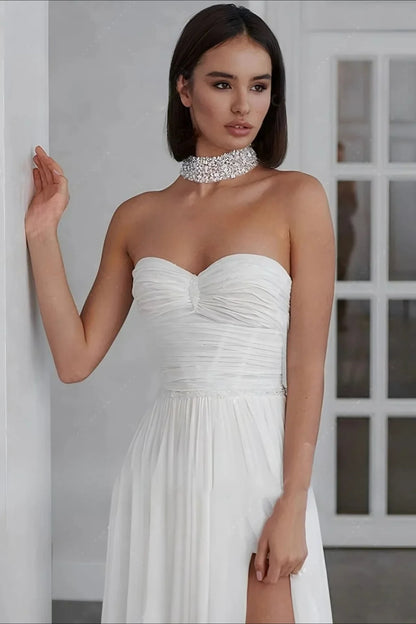 Elegant A-Line Sweetheart Strapless Flowy Slit White Floor-Length Bridal Wedding Dresses Gown