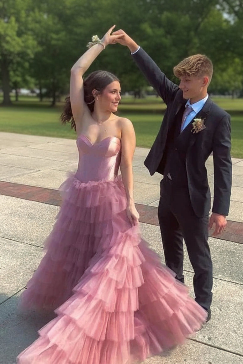 Elegant A-Line Sweetheart Strapless Layered Ruffled Rose Pink Long Prom Dress