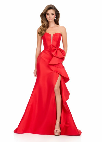Elegant A-Line Sweetheart Strapless Ruffled Slit Red Floor-Length Evening Gown