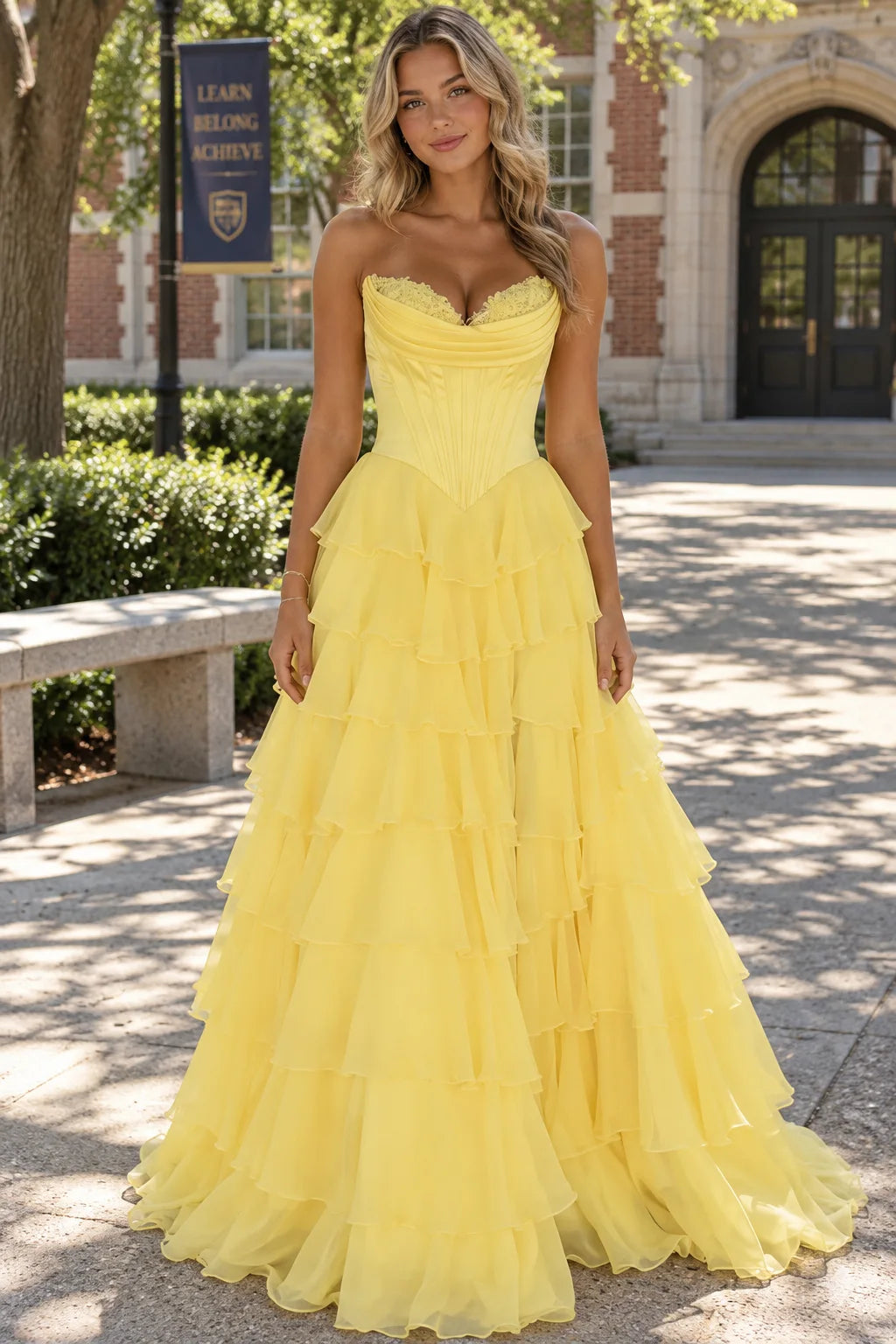 Elegant A-Line Sweetheart Strapless Tiered Corset Yellow Long Prom Dresses Women