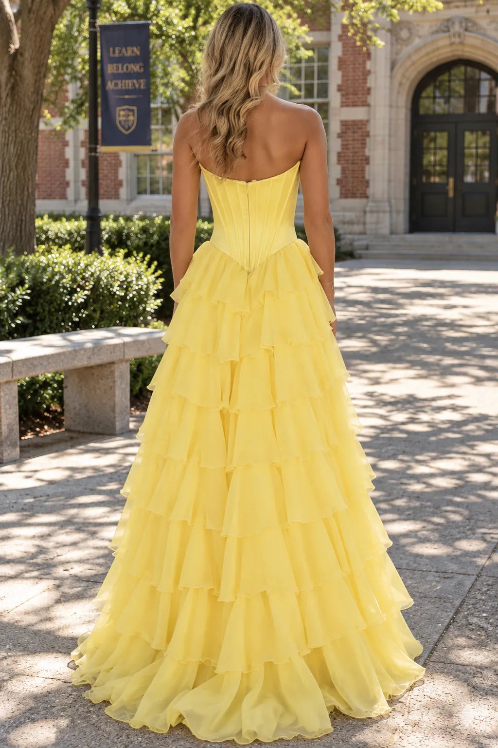Elegant A-Line Sweetheart Strapless Tiered Corset Yellow Long Prom Dresses Women